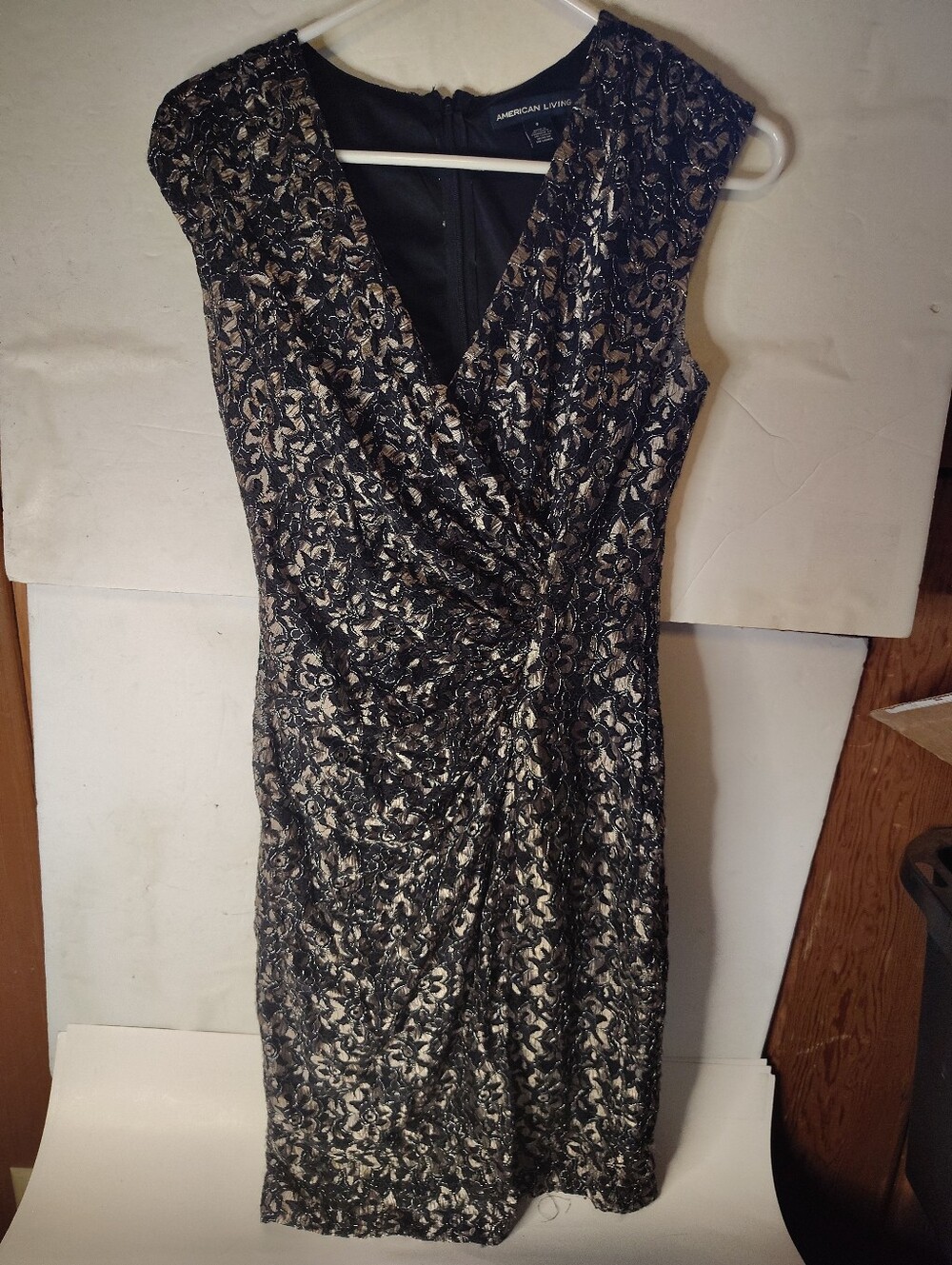 American Living Sheath Dress Elegant Black, Champagne Metallic Lace Size 8